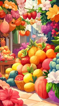 Colorful fruit stand overflowing with flowers and fresh produce