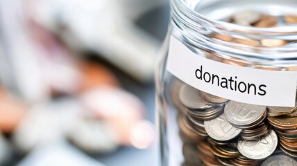 Donations jar filled with coins, concept of giving