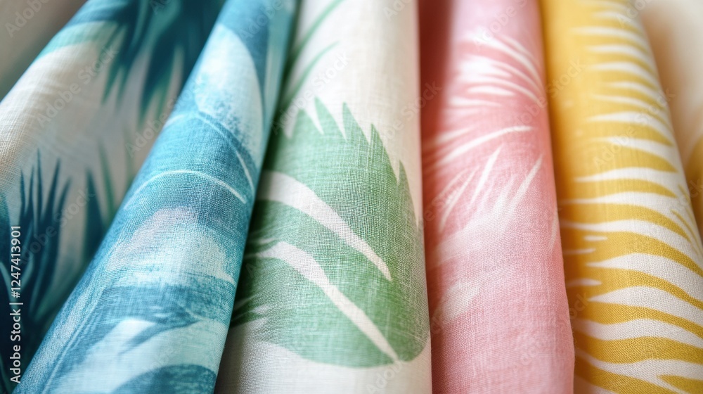 Aufkleber Light summer fabrics featuring tropical patterns in vibrant colors for warm weather designs. Generative AI