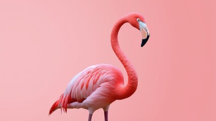 Obraz premium Flamingo Standing Gracefully Against a Soft Pink Background, Gazing Directly at the Camera. Concept of Decorative Art, Wildlife Photography, Nature Exhibits