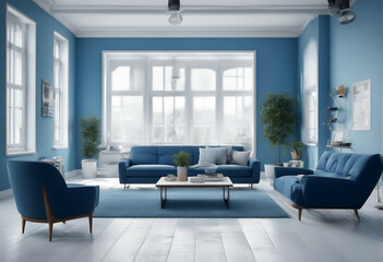 Fototapeta premium interior flooring living armchairs rendering blue room loft white 3d vintage wall home decorative three-dimensional apartment architecture art background bedchamber blank bright chair colours