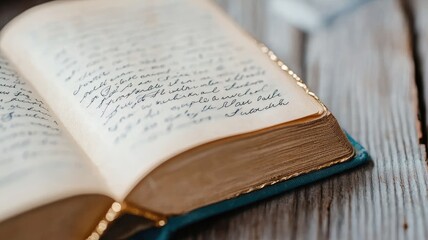 Obraz premium Open book displaying handwritten text on wooden table
