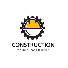 construction icon with helmet and gear isolated on white background