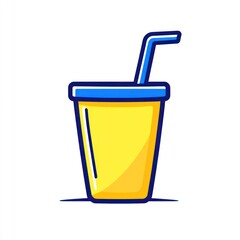Yellow drink with blue lid and straw for refreshment on white background