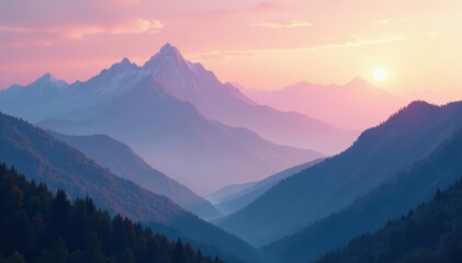 Obraz premium Misty mountain peaks, soft sunrise hues, pale sky gradient, tranquil, sky