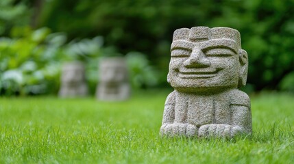 Fototapeta premium Stone statue in garden, serene setting, peaceful atmosphere, meditation, outdoor decor