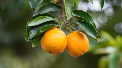 Yuzu fruit hanging on a branch.