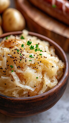 Deliciously tangy sauerkraut with caraway seeds served with hearty German sausages and potatoes