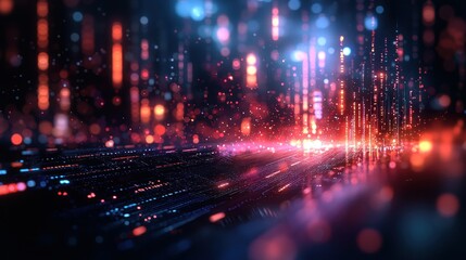 Fototapeta premium Abstract digital data flow, glowing city at night, technology background
