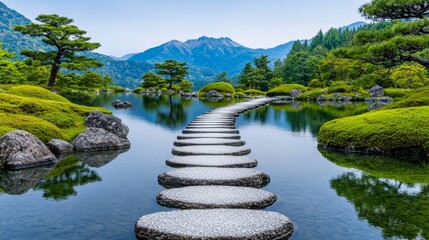 Tranquil Japanese Garden with Serene Pathway and Scenic Mountain Background
