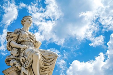 Fototapeta premium statue of the goddess of justice against a background of blue sky with clouds with copy space