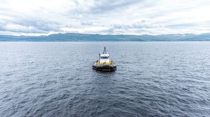 Obraz premium Tugboat at sea, mountains background, calm waters, maritime transport