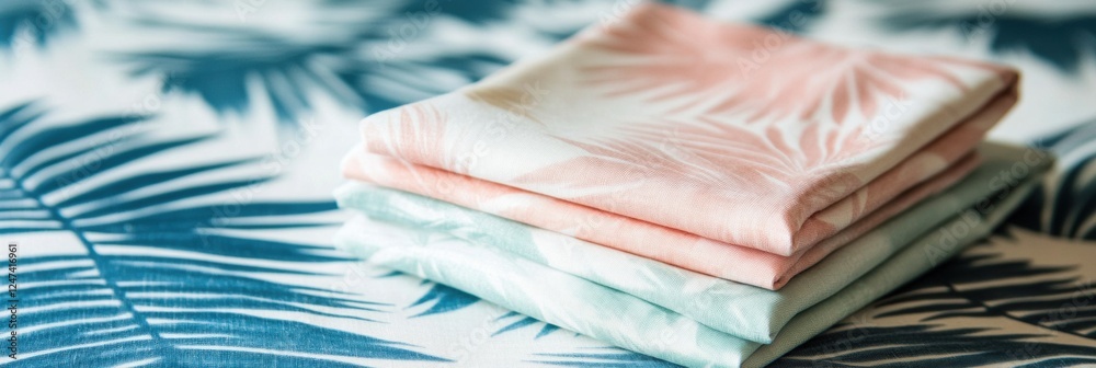 Leinwandbilder light summer fabrics featuring tropical patterns stacked neatly on a table ready for a warm day outd