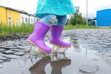 Girl wearing purple rain boots jumping into a puddle on the street