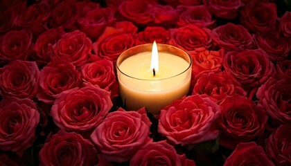 Fototapeta premium Candle, flickering, bed, roses, soft, delicate, fragrance, wax, warmth, petals, glow, romantic, serene, intimate, atmosphere, gentle, flicker, beauty, love, tranquility, peaceful, red, white, night, g