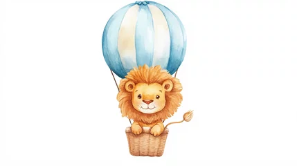 A cute watercolor illustration of a cartoon lion flying in a hot air balloon against a white background.