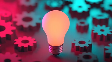 Creative thinking concept, a glowing lightbulb surrounded by colorful abstract patterns and gears, symbolizing the generation of bright ideas and new solutions