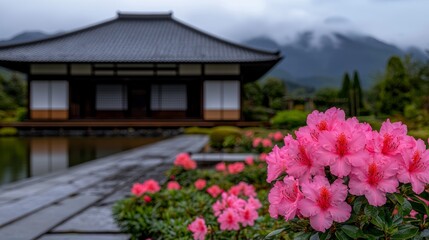 Serene Japanese Garden with Vibrant Azalea Bushes and Traditional Architecture