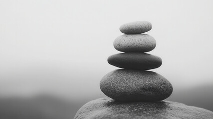 Balanced stone arrangement evokes calmness in a minimalist black and white setting