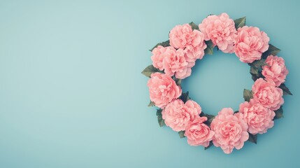 Fototapeta premium Floral Hoop Decoration with Pink Flowers on a Soft Blue Digital Backdrop
