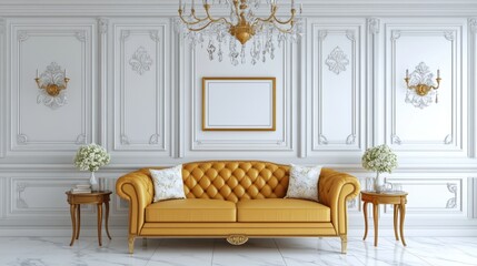 Elegant Yellow Sofa with Chandelier and Floral Accents in Luxurious Living Room Interior