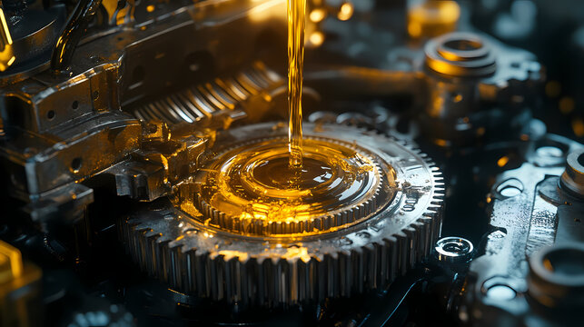 Mechanics repair of engine durability concept. a close-up of a metal gear with oil being applied, highlighting mechanical precision against a dark background. Mechanical Lifeforms. Illustration