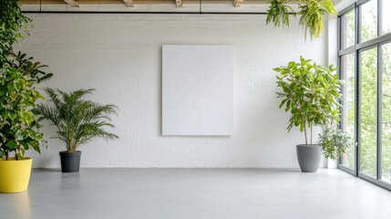 Blank canvas in modern loft, plants, window