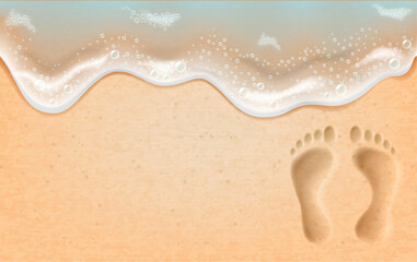 Sandy background with an incoming wave and human footprints. Photo- realistic vector illustration.