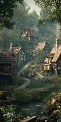 Obraz premium Charming Village Landscape: Explore the Idyllic Greenery, Rustic Architecture, and Enchanting Nature of Tranquil Cottages and Scenic Hillsides in a Vibrant Artistic Escape to the Countryside