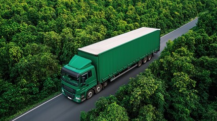 Eco-friendly logistics truck driving through a forest with a focus on green transportation methods, reducing carbon emissions and supporting sustainable travel towards net-zero emissions