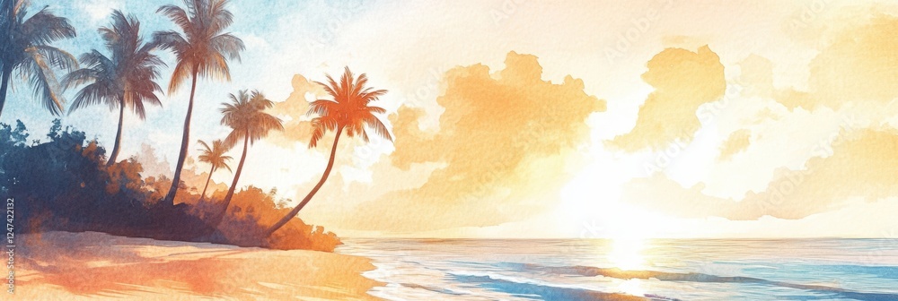 Aufkleber sunset over a tranquil beach with palm trees and soft waves, capturing a serene moment in natures be