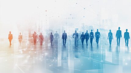 Fototapeta premium Group of business people silhouettes in modern office building and business network concept. Human resources with pastel innovation charts and graphs with statistics to analyze business