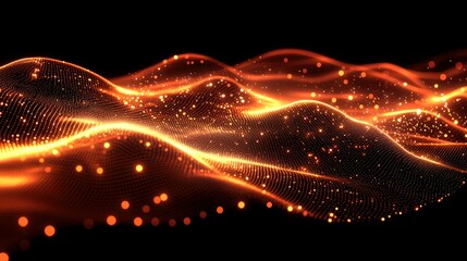 Abstract orange wave glowing particles, dark background, digital art, website design
