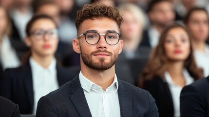 Engaged Male Mentee in Business Attire During Learning Session with Diverse Audience