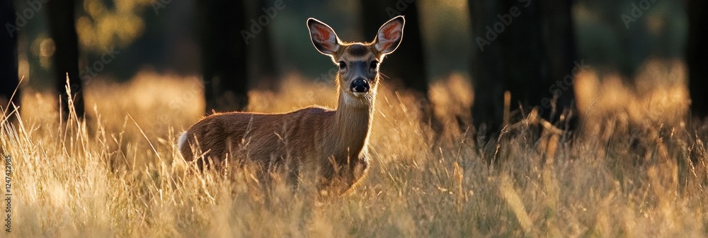 Poster deer standing gracefully in a meadow surrounded by trees during golden hour light. generative ai