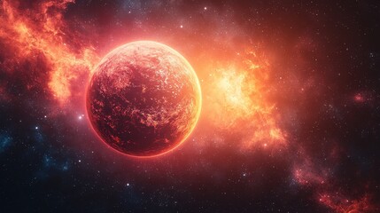 Obraz premium A vibrant depiction of a planet amidst a cosmic nebula.