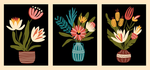 A set of modern abstract floral posters. Nerdy naive groovy funky wall paintings. Vector flat illustration for interior, paintings, postcards, covers, wallpapers, flower show on a black background.