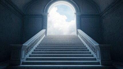 Fototapeta premium Ethereal gate at the top of a grand staircase, with soft, luminous clouds parting to reveal a bright, heavenly light, symbolizing the path to paradise and eternal peace