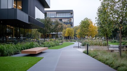 Modern office park pathway, autumn trees, landscaped grounds, employee relaxation