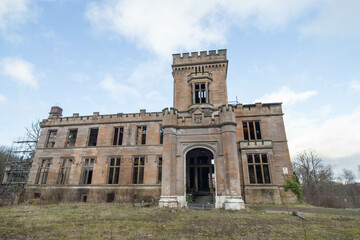 Tower above front entrance to Birkwood Castle, abandoned psychiatric hospital