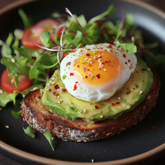 Delicious Avocado Toast with Poached Egg and Fresh Toppings in Soft Morning Light