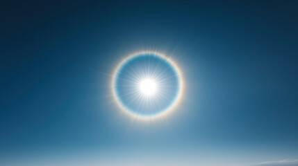Sun in Natural Phenomena Theme, stunning sun halo effect forms around midday sun in clear sky