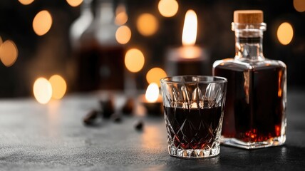 Crystal glass and bottle of dark liquor on table with candlelight bokeh