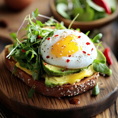 Delicious Avocado Toast with Poached Egg and Fresh Toppings in Soft Morning Light