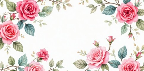 Delicate watercolor roses & leaves, repeating pattern, leaves, flowers, botanical