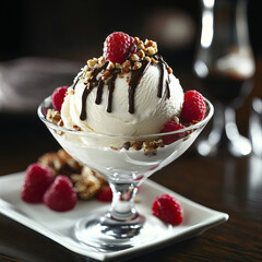Decadent Vanilla Ice Cream Dessert with Raspberries and Chocolate Drizzle