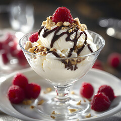 Decadent Vanilla Ice Cream Dessert with Raspberries and Chocolate Drizzle