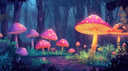 Fototapeta premium Glowing mushrooms in a whimsical forest scene during rainfall