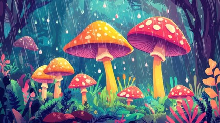 Fototapeta premium Cartoon mushrooms enjoy a rainy day in whimsical forest