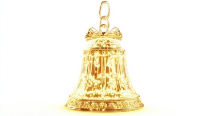 A shiny golden bell with intricate designs and a bow, radiating light.